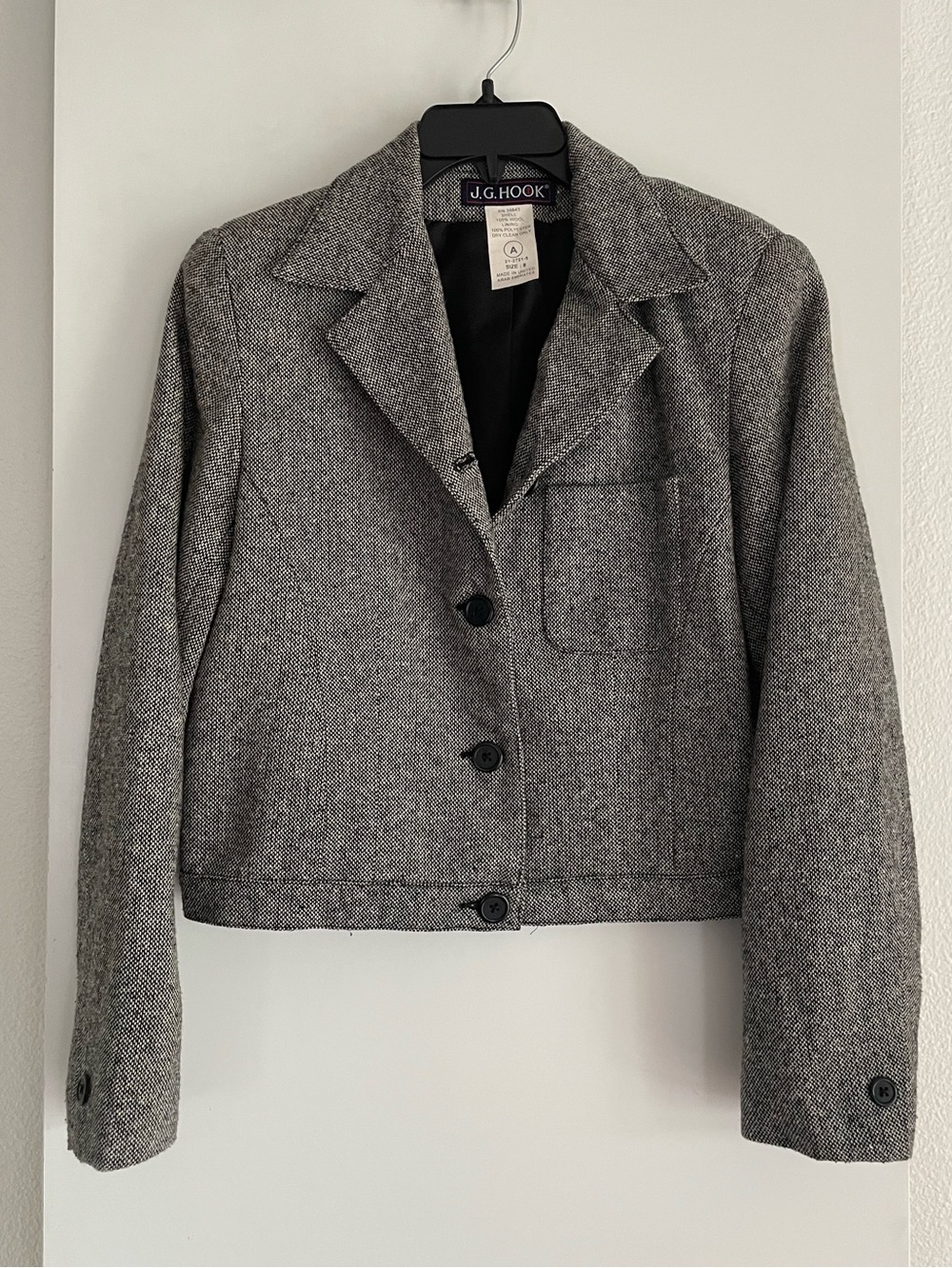 JG Hook Pure Wool Tweed Blazer Preppy Dark Academia Lined Cropped Grey/Brown